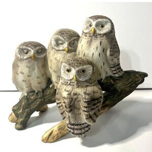 Enesco Fred Aman 4 Gray Sleepy Owls on a Branch Figurine Matte Ceramic
